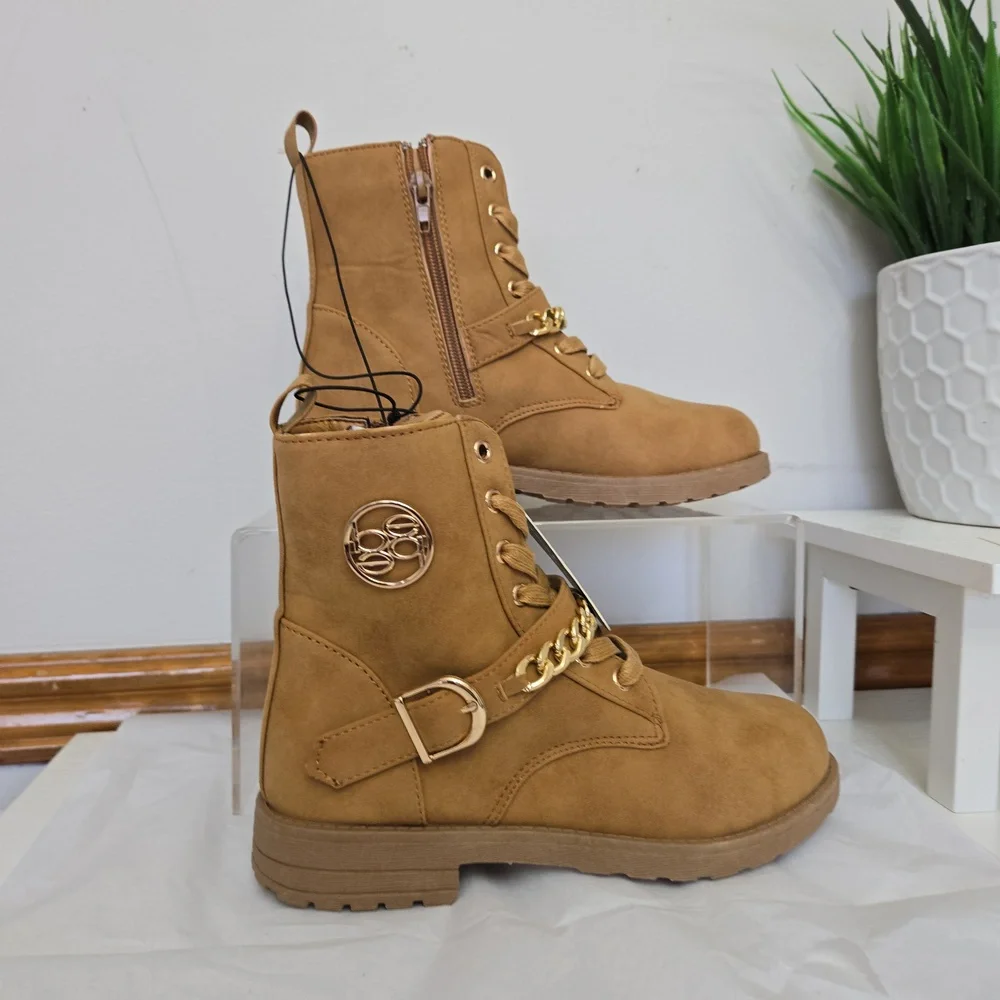 NWT Bebe Girl Stylish Tan Ankle Boots with Chain Detail